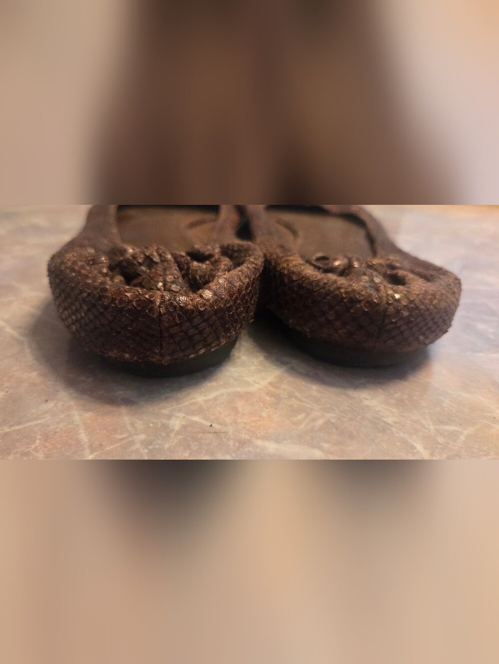 Tory Burch Brown Snakeskin-Effect Elastic-Back Ballet Flats - Picture 3 of 6